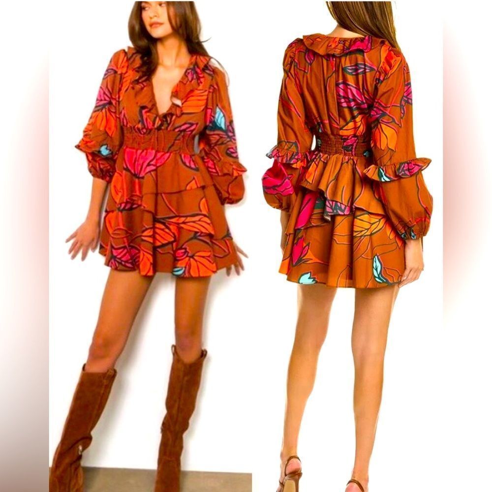 Hutch Orange Floral Mini Dress with Pink & Blue Accents